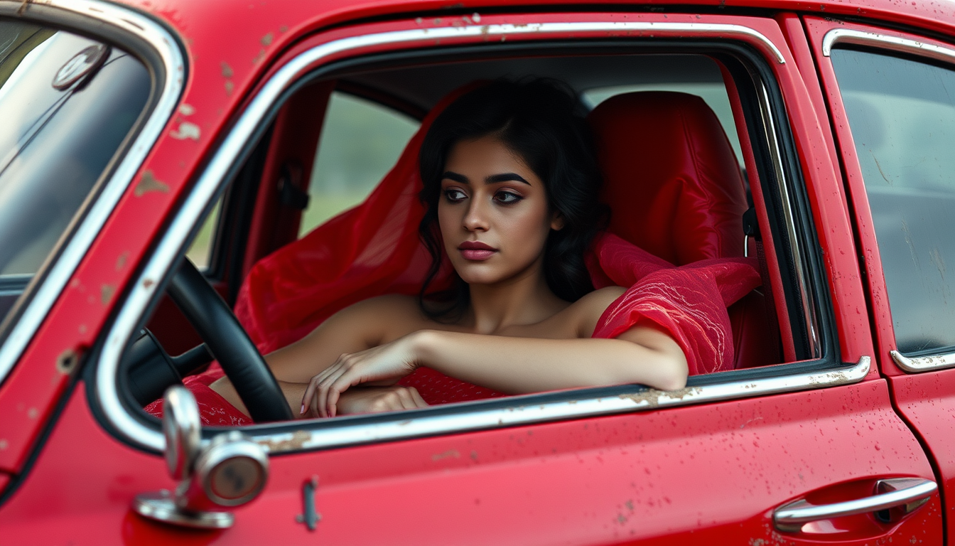 Main art studio: uma menina sentada num carro vermelho, com uma arma na mão direita e um coração na mão esquerda