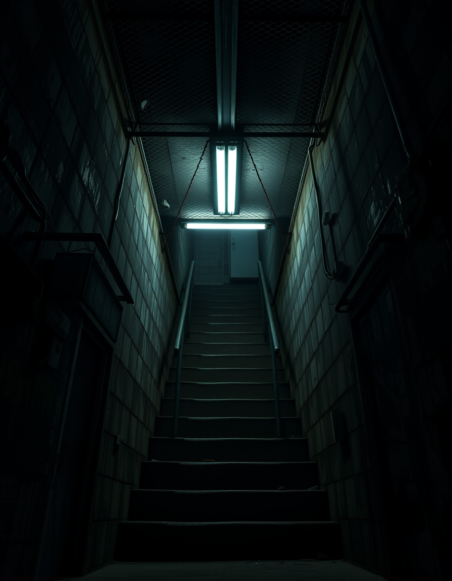 Main art studio: Realistic abandoned apartment building basement entrance at night, metal door, concrete stairs leading down, dim fluorescent lights, same location, sa