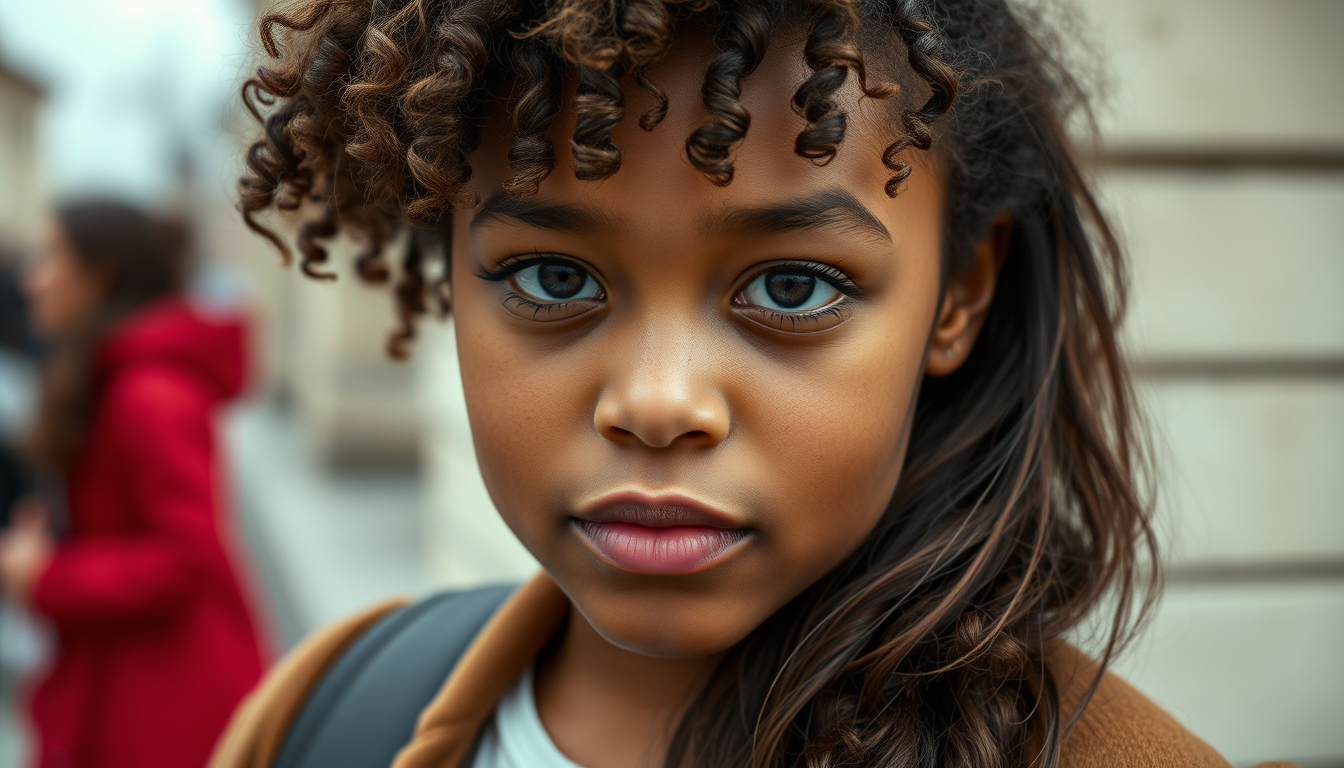 Main art studio: collegienne, 12 ans, debout, realistic candid photograph, elegant casual outfit, natural hair, subtle serious, tenant un papier "12 ans, loue moi", ov