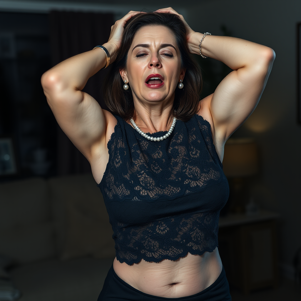 Main art studio: close up of an astonishingly beautiful serious woman around 51, muscular, curvy. She is wearing black lace top, white skin, shoulder length dark brown