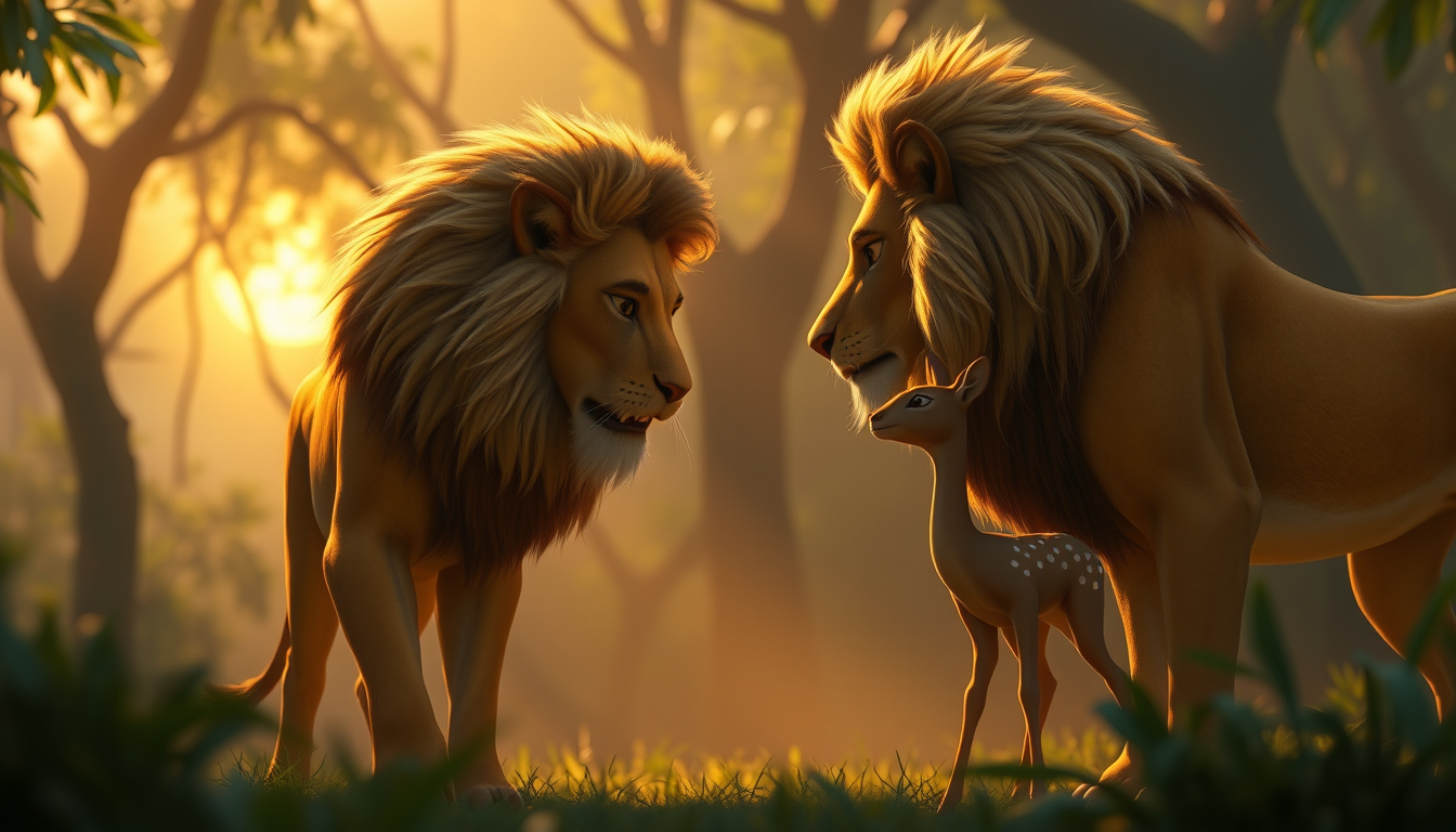Main art studio: Vertical 9:16, a large golden-maned lion standing face to face with a small young deer in a mysterious Indian jungle at sunrise, both looking directly