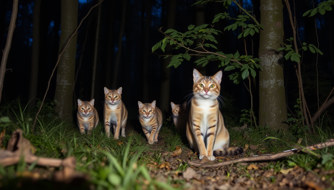 Main art studio: Viele Katzen kämpfen im Wald in der Nacht