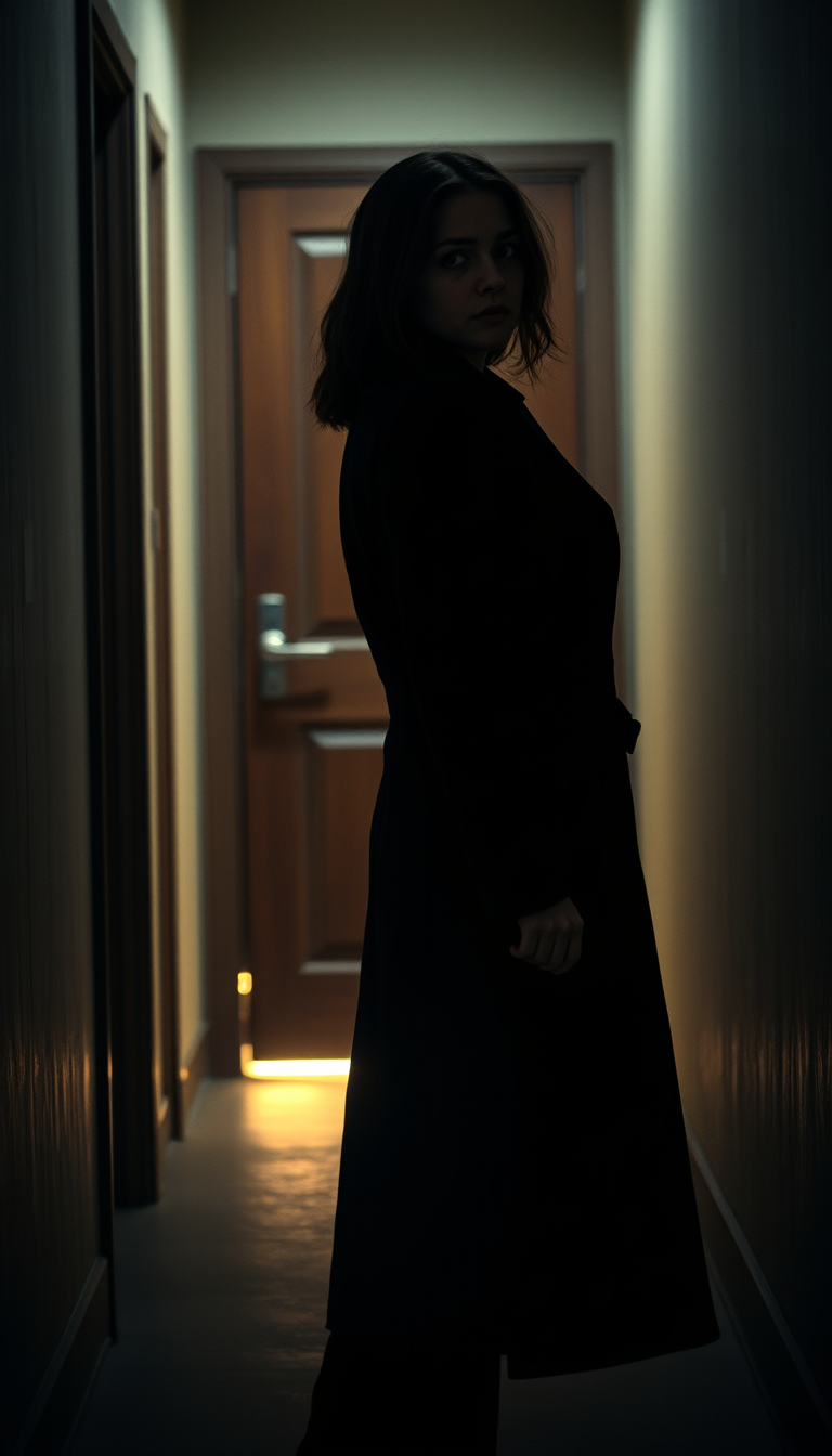Main art studio: The same young woman in a long black coat slowly turns around and sees a closed wooden door behind her. A faint warm light shines from underneath the 