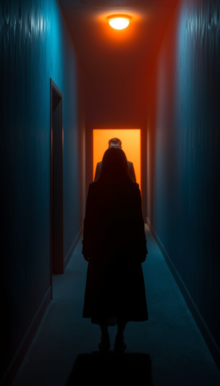 Main art studio: A young woman in a long black coat stands in a dark blue hallway, facing a mysterious man in a black coat. The man stands at the end of the corridor u