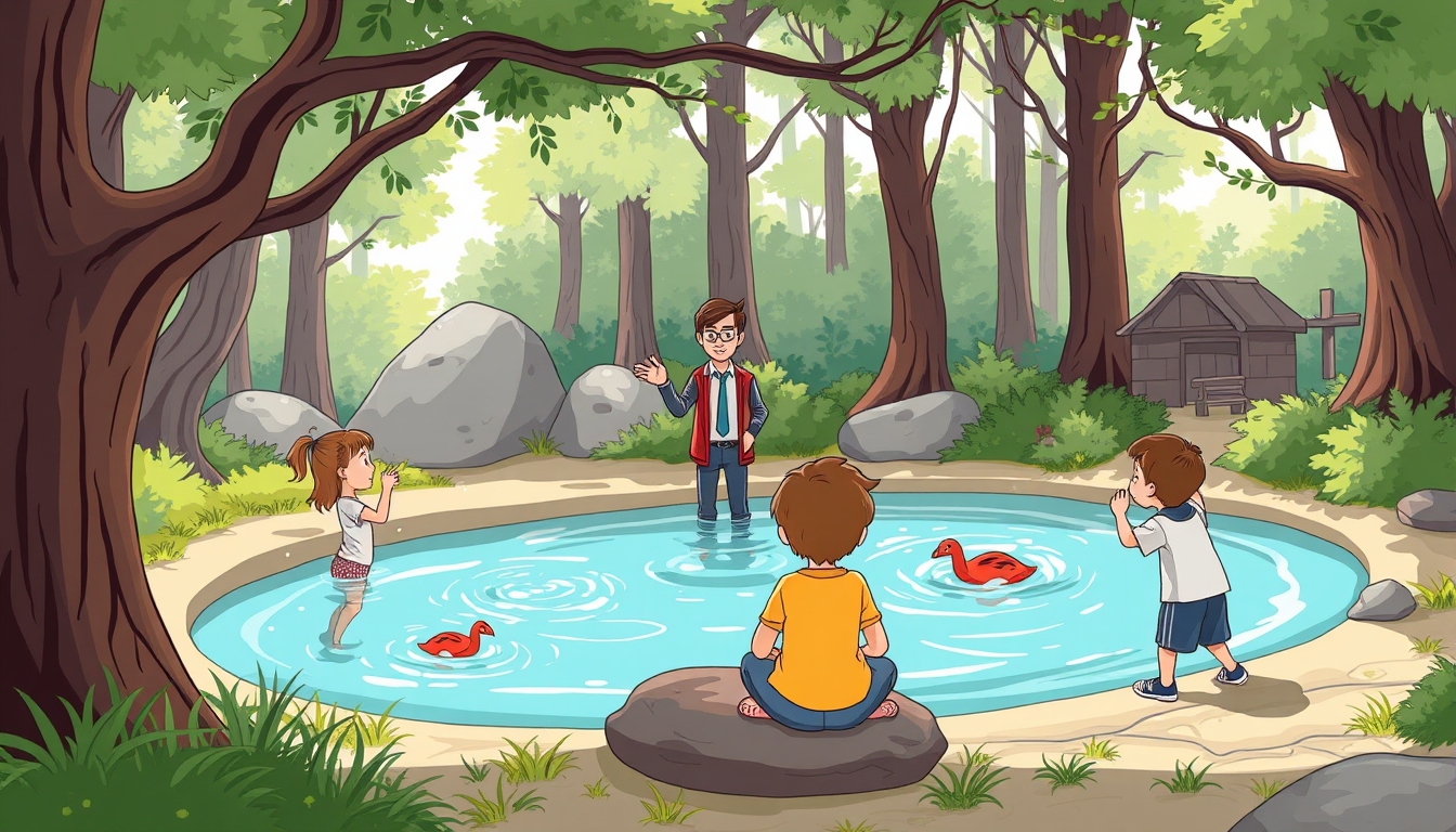 Main art studio: cours d'éducation physique qui se déroule dans différents environnements (piscine, forêt, patinoire) avec un enseignant et des élèves. l'image est de