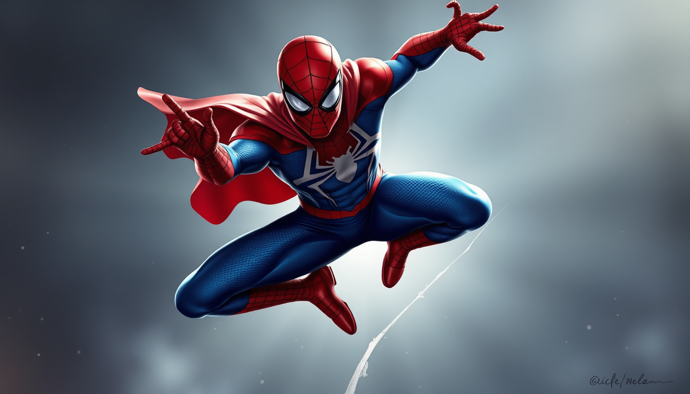 Superhero idea created from the prompt: original superhero character design, dynamic pose, bold costume, dramatic lighting, comic art energy, Spiderman se balançant avec sur lui un