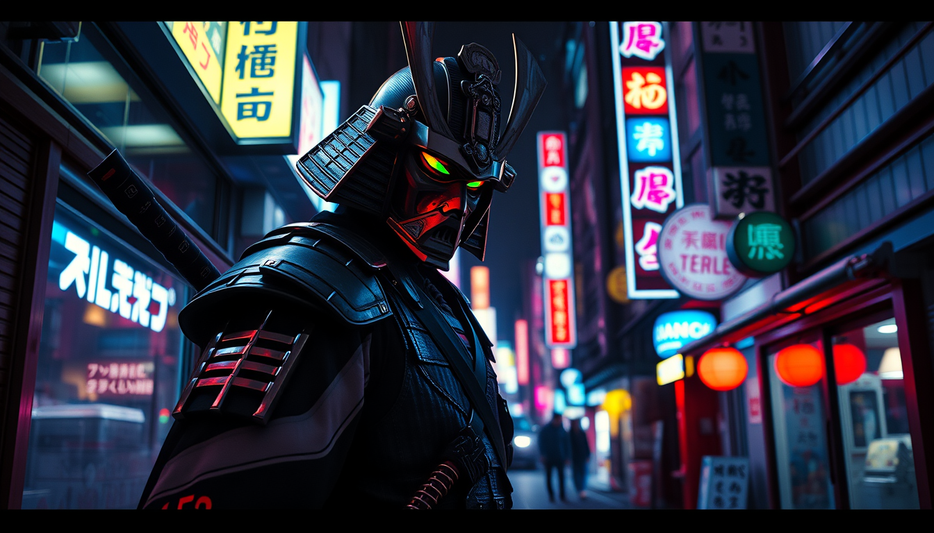 AI Art prompt example created from the prompt: cyberpunk samurai in neon-soaked Tokyo alley, 4k, cinematic