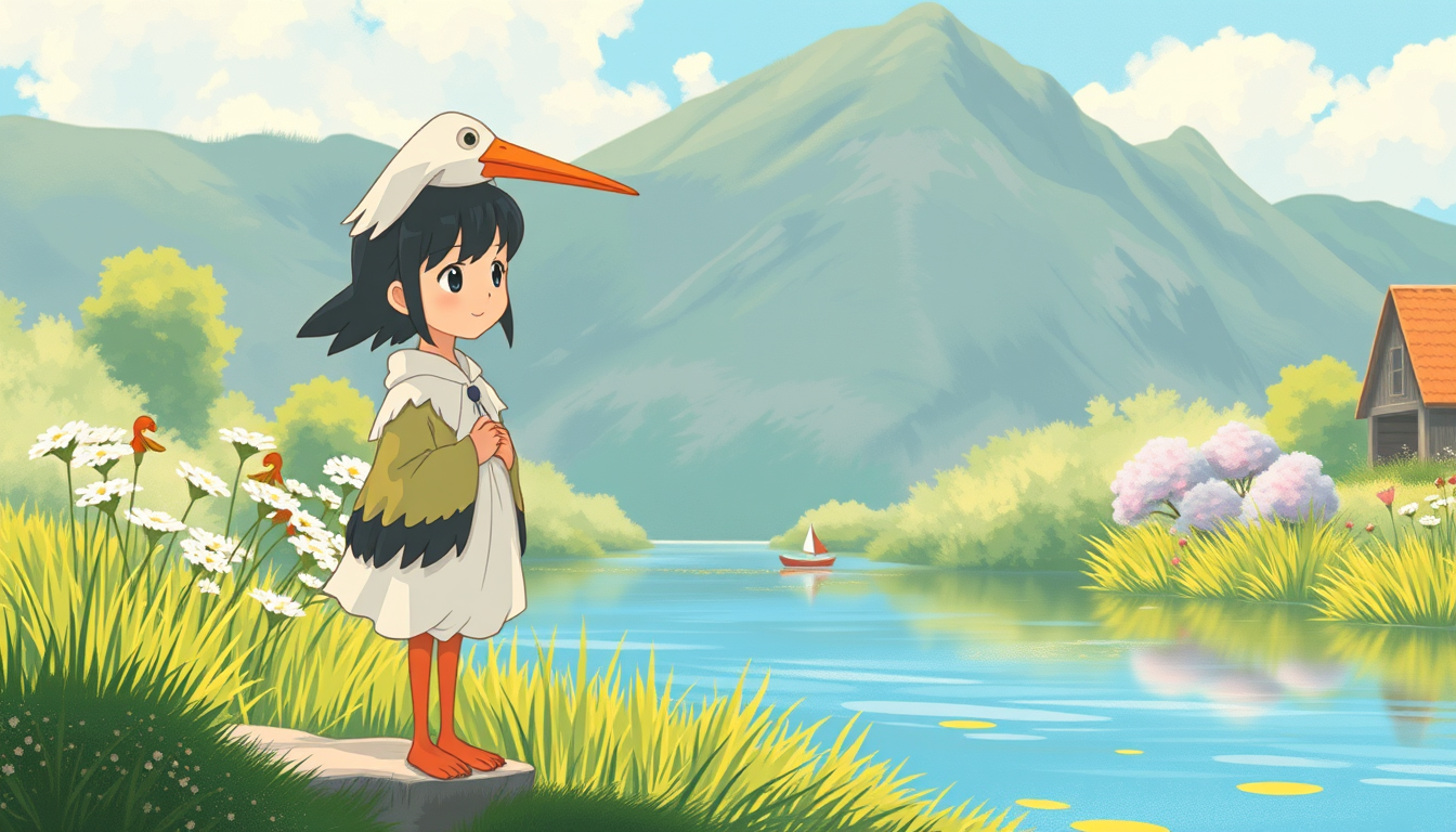 Ghibli idea: Studio Ghibli inspired animation, soft warm color palette, painterly backgrounds, gentle character design, Girl in stork costume Ghibli style by river