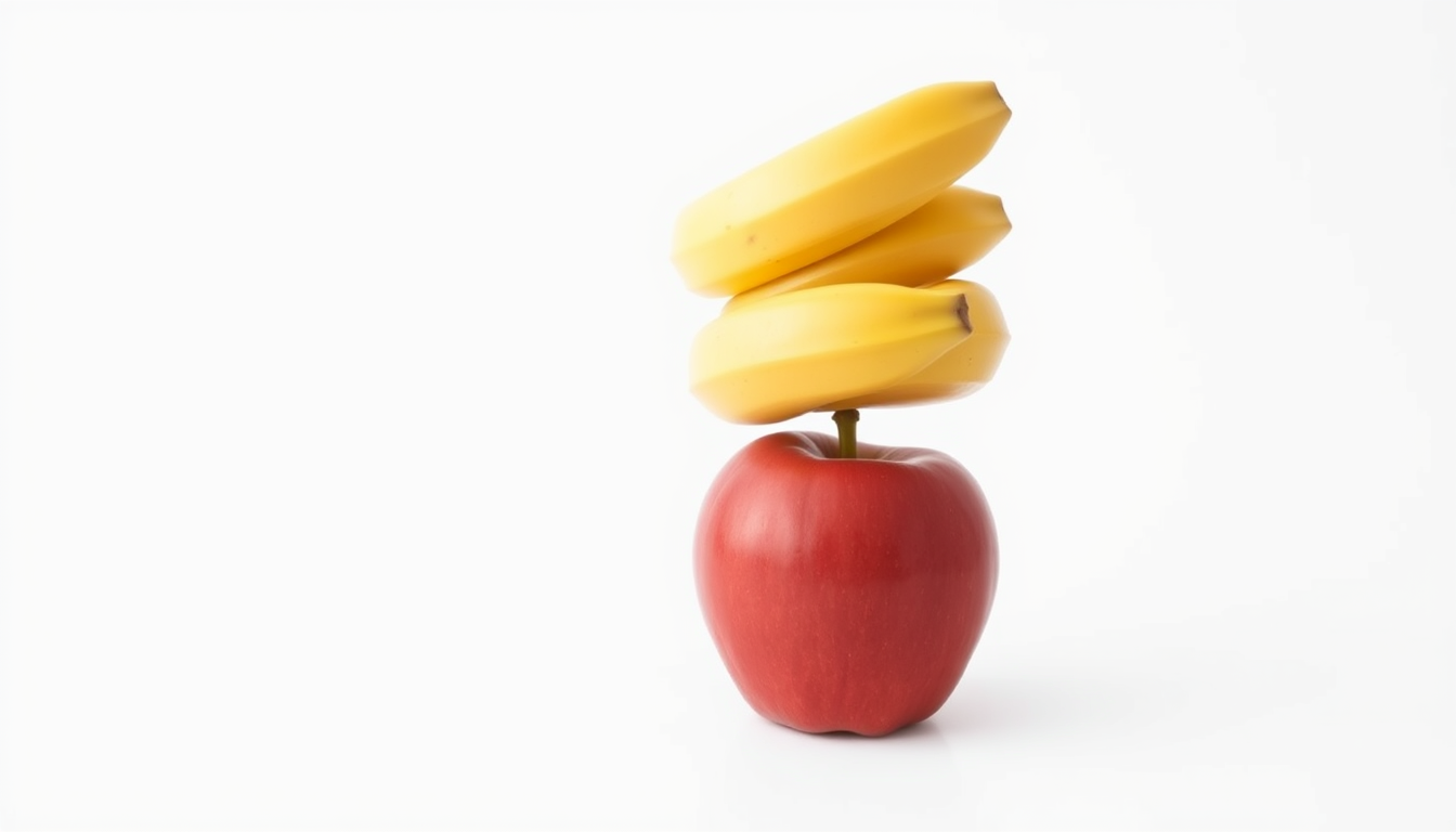Main art studio: Place an apple on a white background and stack a banana right on top of the apple like a tower.