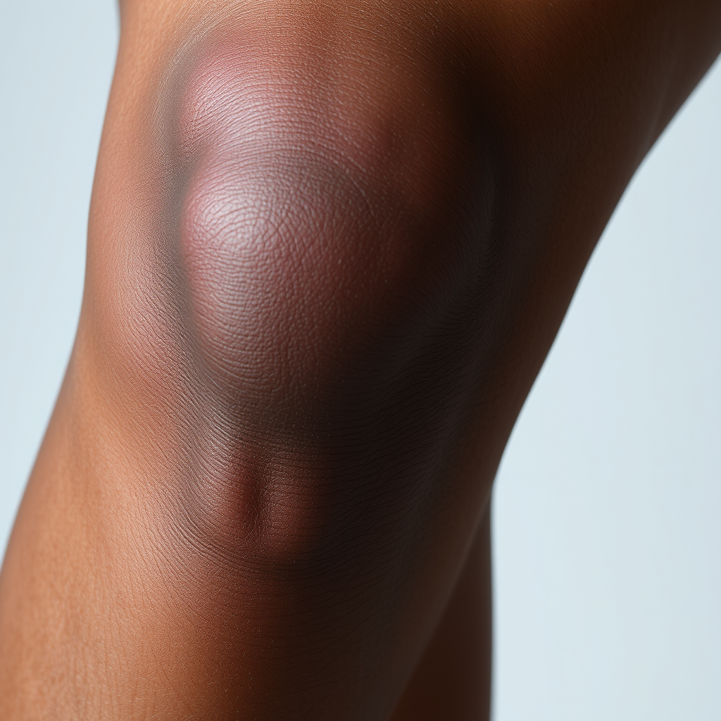 Main art studio: Ultra realistic high quality close-up photo of a human knee with severe dark pigmentation and hyperpigmentation. The knee skin is noticeably darker th