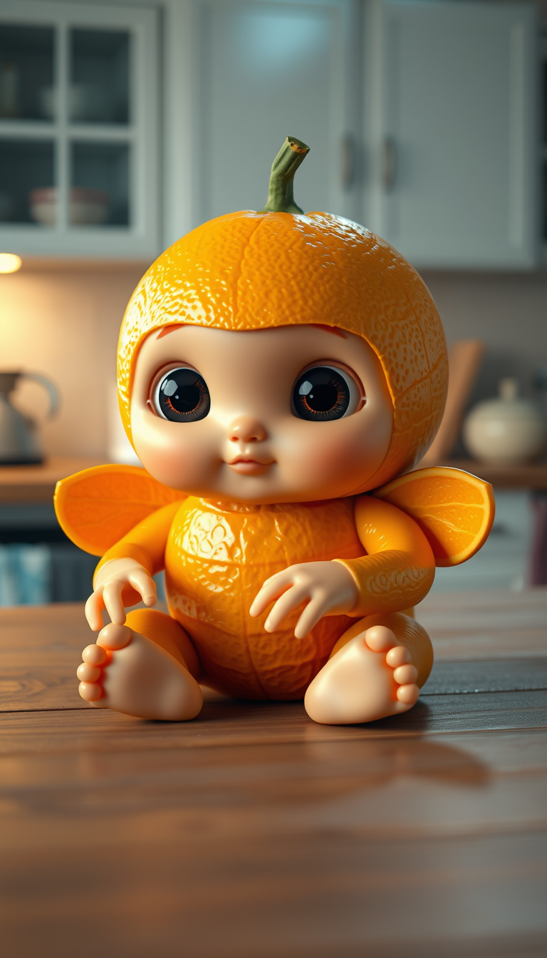 Main art studio: A tiny adorable baby made entirely from a fresh orange, orange peel texture covering the whole body, big glossy cute eyes, tiny hands and feet, sittin
