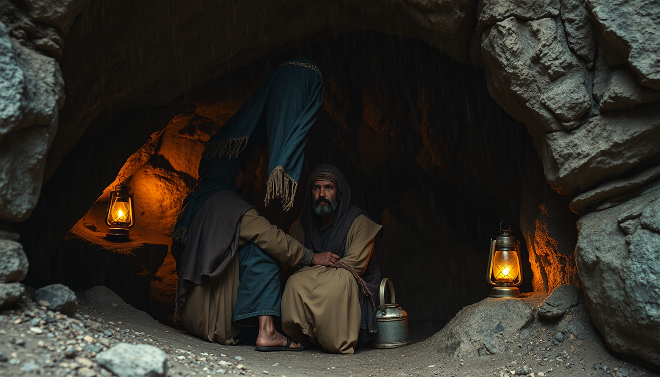Main art studio: Three ancient Arabian travelers inside a large natural mountain cave during heavy rain. They have just entered the cave for shelter. Wet beige and bro