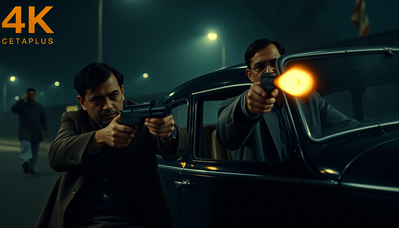 Main art studio: Ultra photorealistic cinematic 4K historical action scene, a sudden gunshot during a secret meeting at night, Netaji Subhas Chandra Bose reacting and
