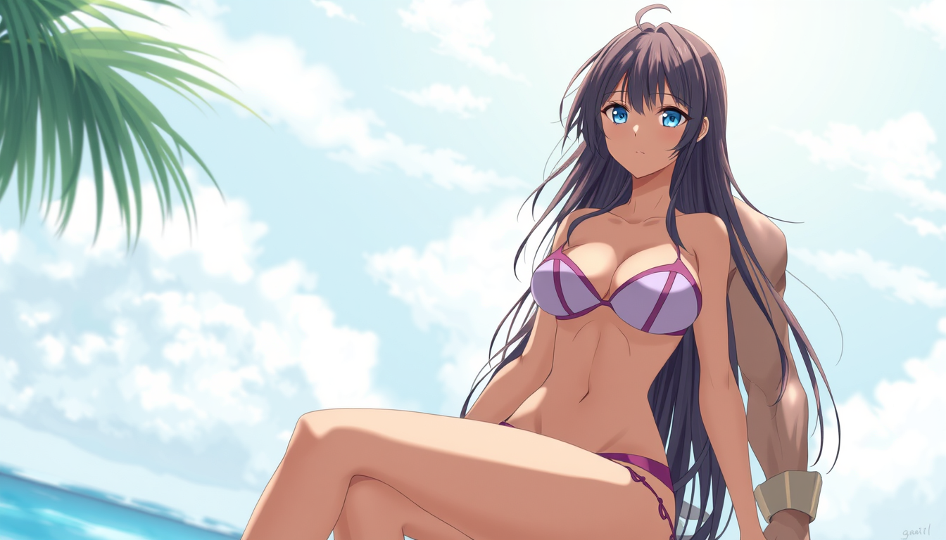 Main art studio: Eine Anime Frau in bikini und extrem großen und ein Mann umarmt sie