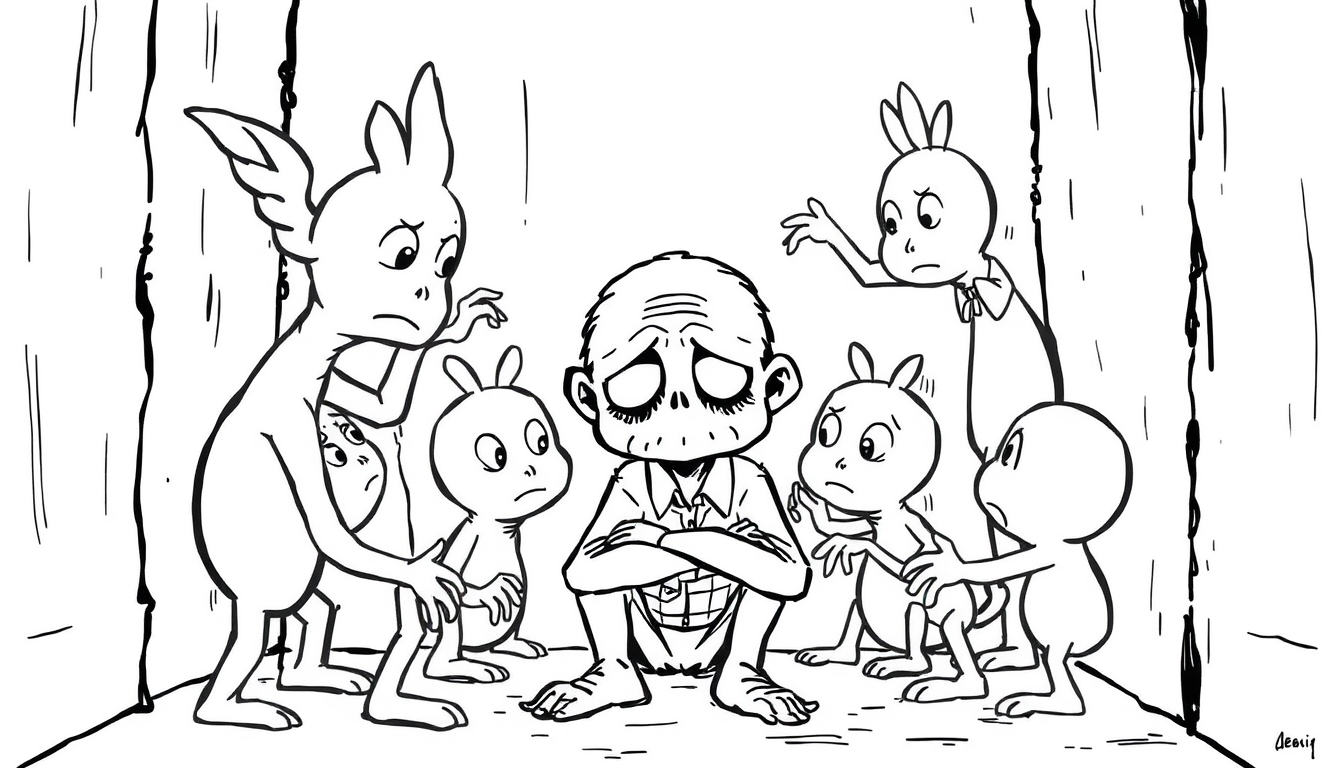 Main art studio: un personnage très brouillon simple, triste qui peut pas parler, entouré de personnage humanoide qui pese sur lui enfermé dans une pièce,, incapable d