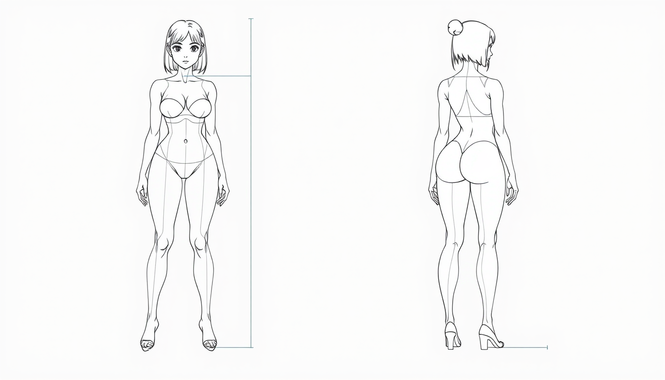 Main art studio: human proportion drawing guide, full body, front and side profile, female, large thighs