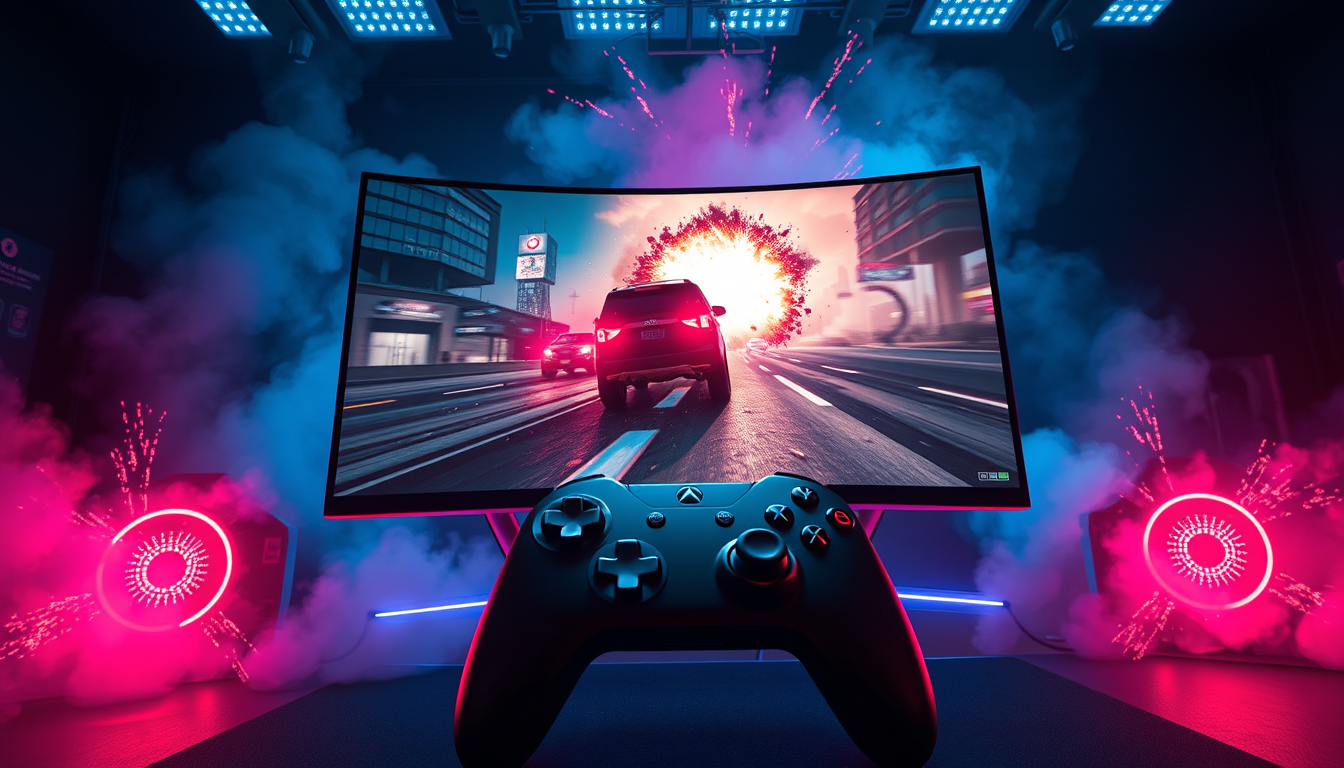 Main art studio: Ultra epic gaming banner, massive futuristic gaming setup, giant curved monitor displaying GTA V actively running the final mission, intense final-mis