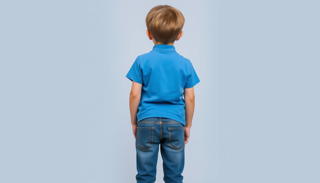 Main art studio: a boy unrealistic wearing jeans and a blue shirt facing foward unrealistic simple