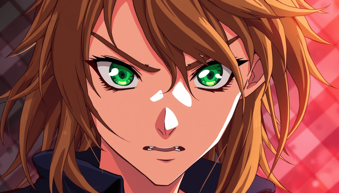 Anime idea: anime style, vibrant colors, expressive eyes, tan, dirty blonde/ brown hair who looks mysterious and intimidating with super light green eyes and far