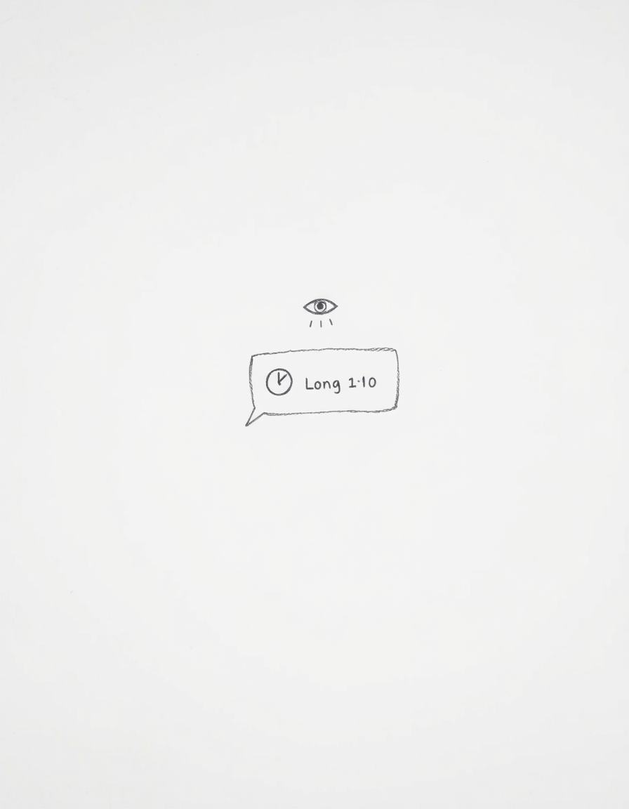 Main art studio: Minimalist black and white pencil sketch of a single chat message floating in the center, with a tiny clock immediately beside it showing a long waiti