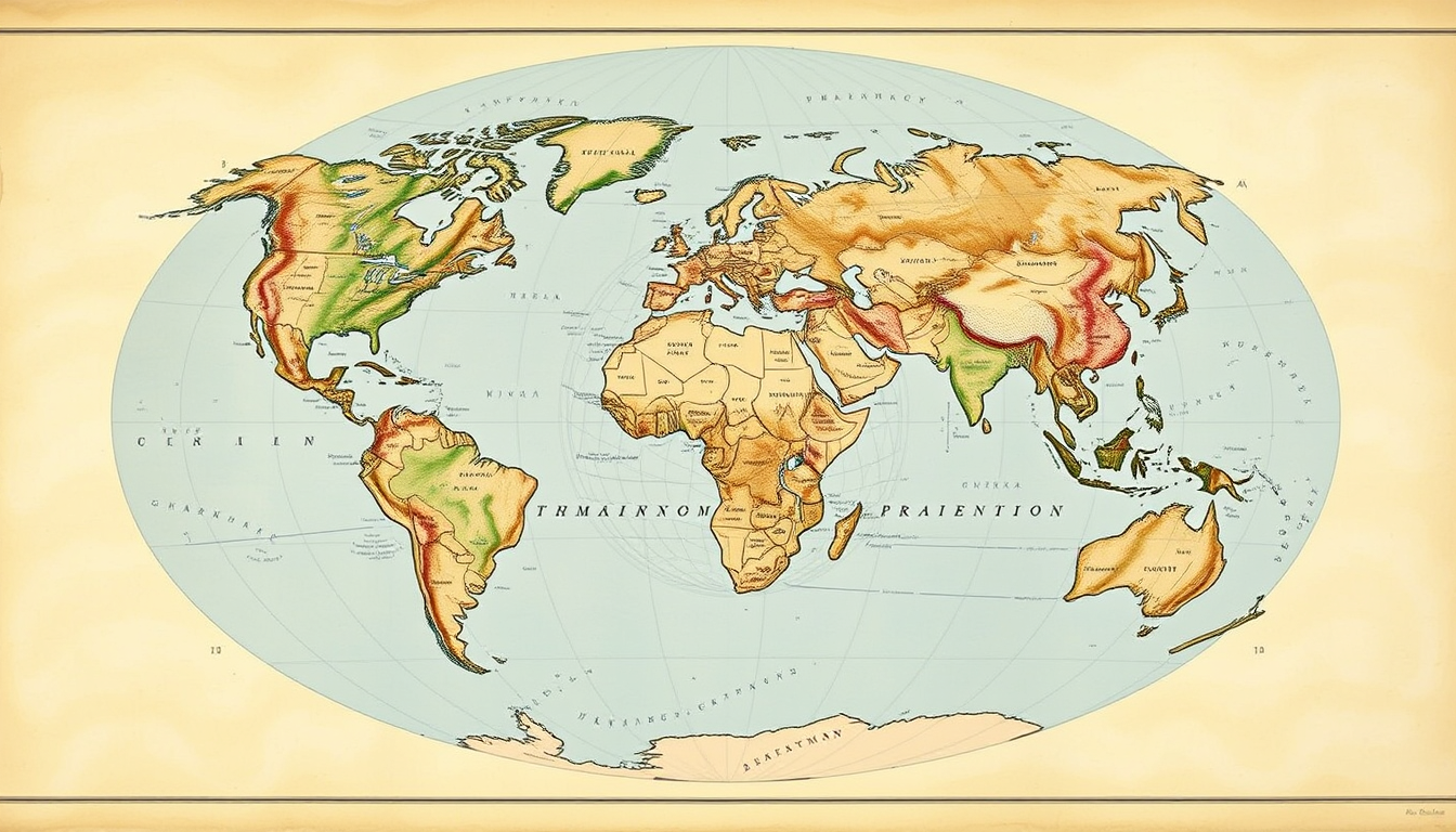 Main art studio: Dymaxion projection world map, Buckminster Fuller style, Unfolded isocedron, Detailed catagrophy