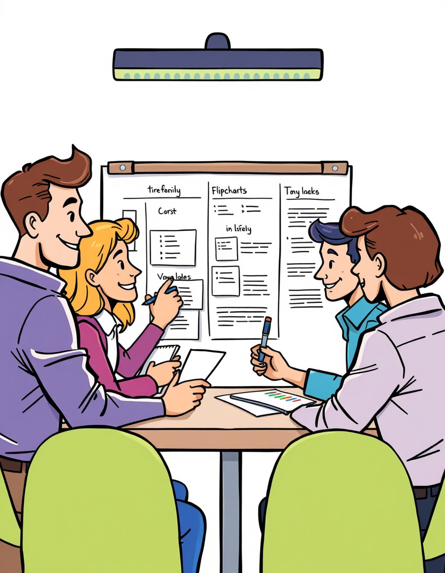 Main art studio: comic style. Flat Illustration. A team working together at a flipchart. someones are writing notes. Everybody has a papercard in his hands. Friendly l