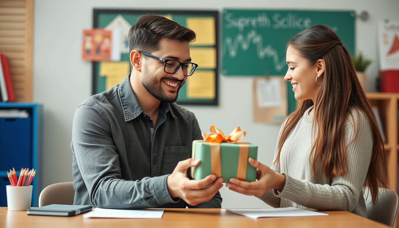 Main art studio: creat me image of student giving gift to teacher