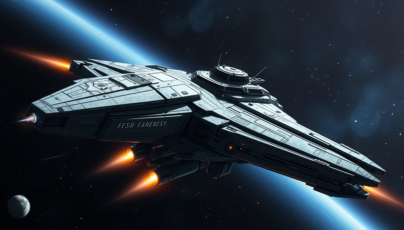 Spaceships idea: sci-fi spaceship concept art, detailed hull, deep space background, planos reales fragata modificada tipo pegaso , full spaceship design illustration