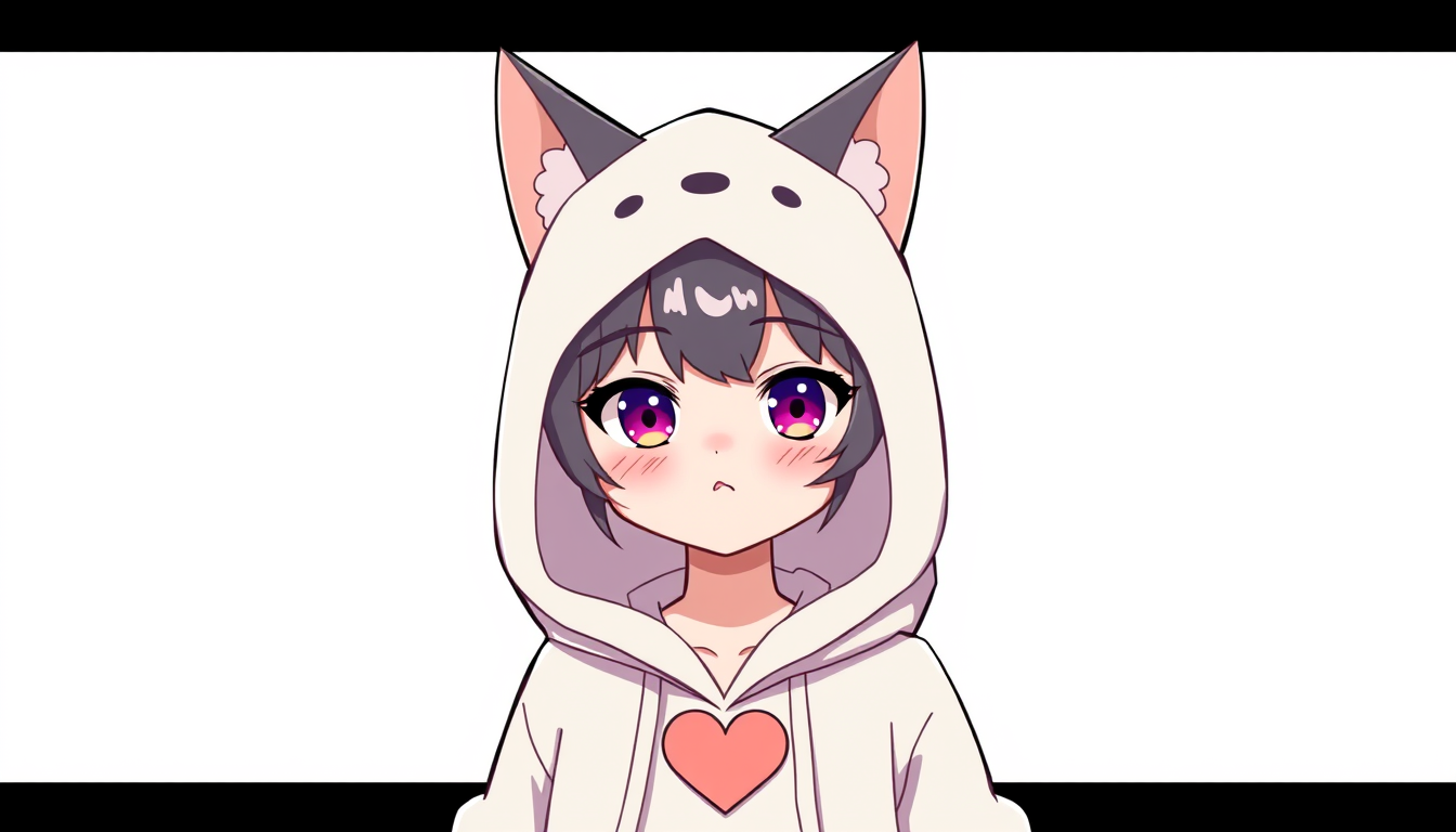 VTuber idea: vtuber avatar character, anime style, expressive face, streaming-ready design, A comfy like cat-human hybrid with an oversized hoodie with a heart on 
