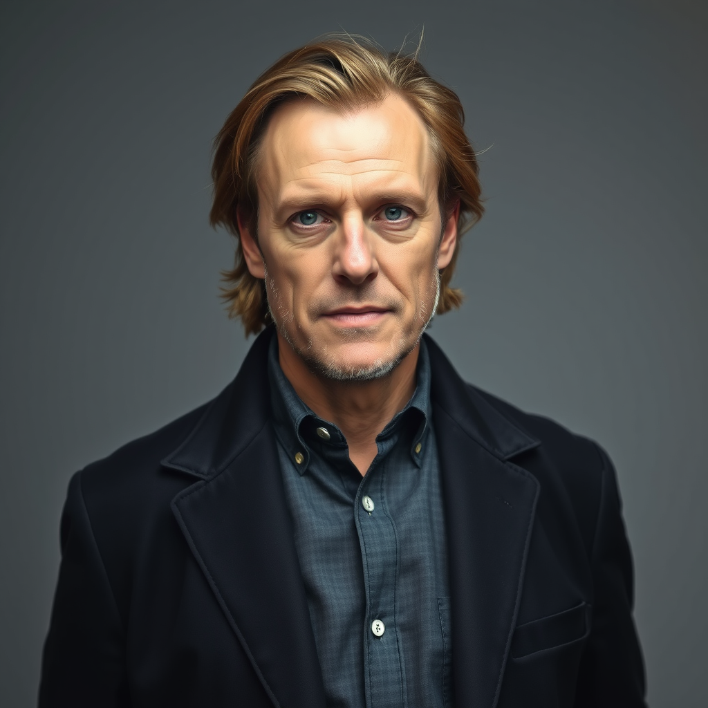 Main art studio: Ganzkörperbild. Ein deutscher Mann ca. 40, mit etwas längeren Haaren, braun, dunkelaschblond, aber auch schon etwas Haarverlust. Er hat blau-grün-grau