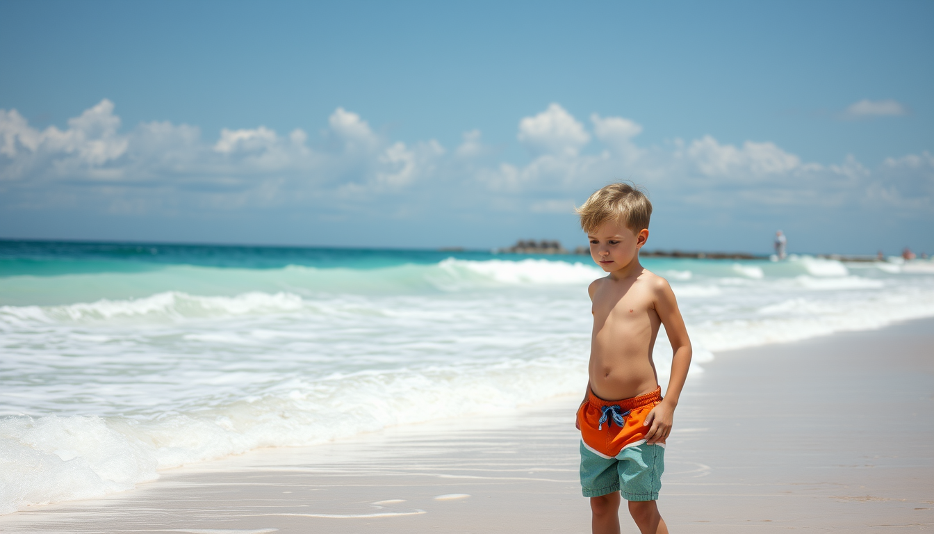 Main art studio: Realistic photo of boy in beach wearing only shorts