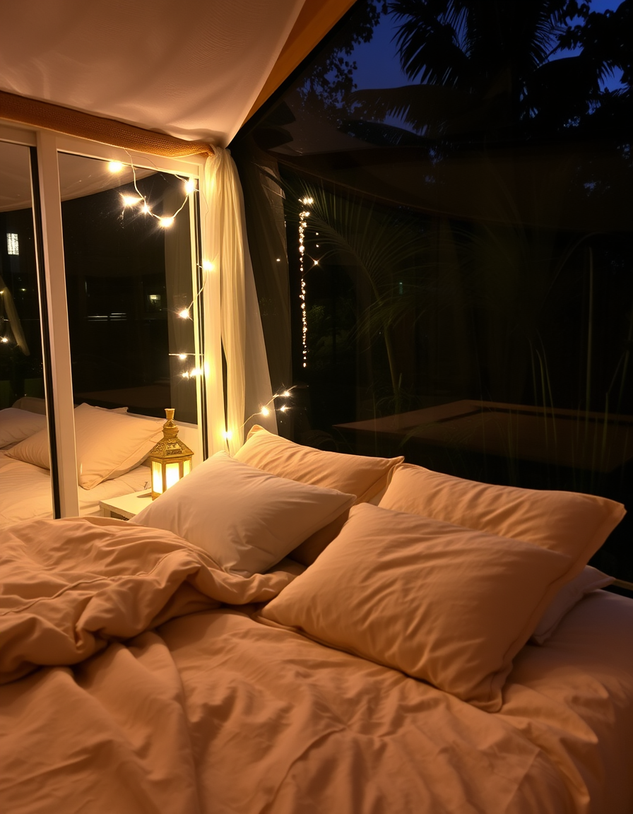 Main art studio: Make a picture of a cosy bed with pillows and a transparent glass and outside is the jungle make it at night