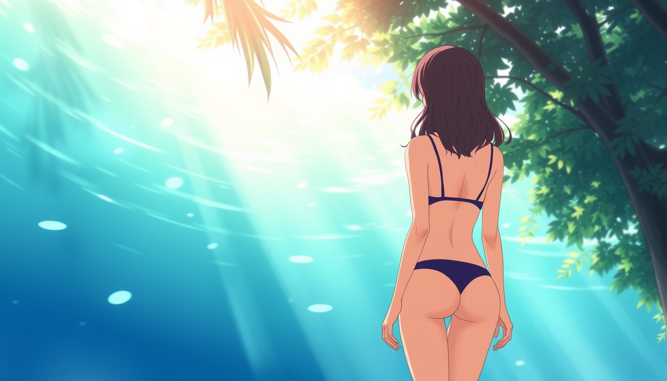 Main art studio: a anime women in her 20's wearing a bikini, i want a rier view from behind and under
