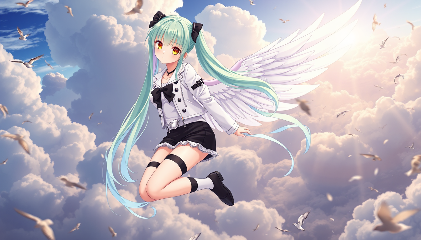 Main art studio: Feminine anime girl, pale skin, amber eyes, extremely long pastel-aqua twin-tails, lime-green bangs, lavender strands underneath, white wings. White c