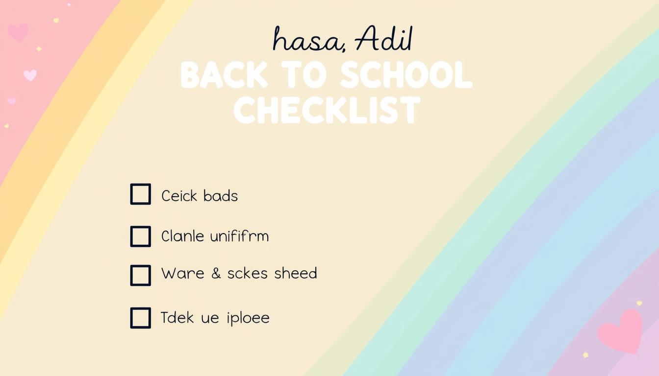 Main art studio: generator: Cute pastel rainbow school checklist, printable and very clean. Big rounded bubble text at top: “Name: Hafsa Adil”. Below: “RAINBOW BACK TO