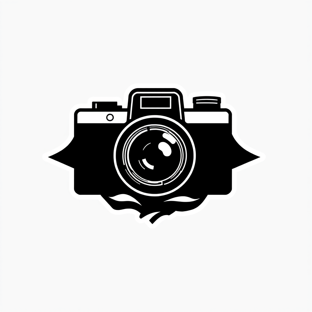 Main art studio: black and white, photography logo, 2D line art,