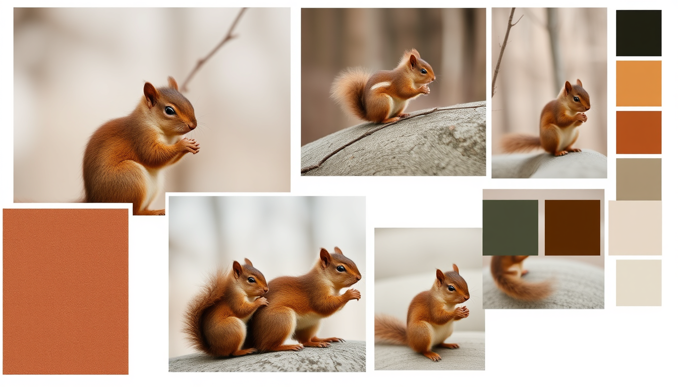 Mood Board idea: mood board collage, curated visual references, material swatches, color palette, editorial layout, Squirrels , cohesive aesthetic board, clean design
