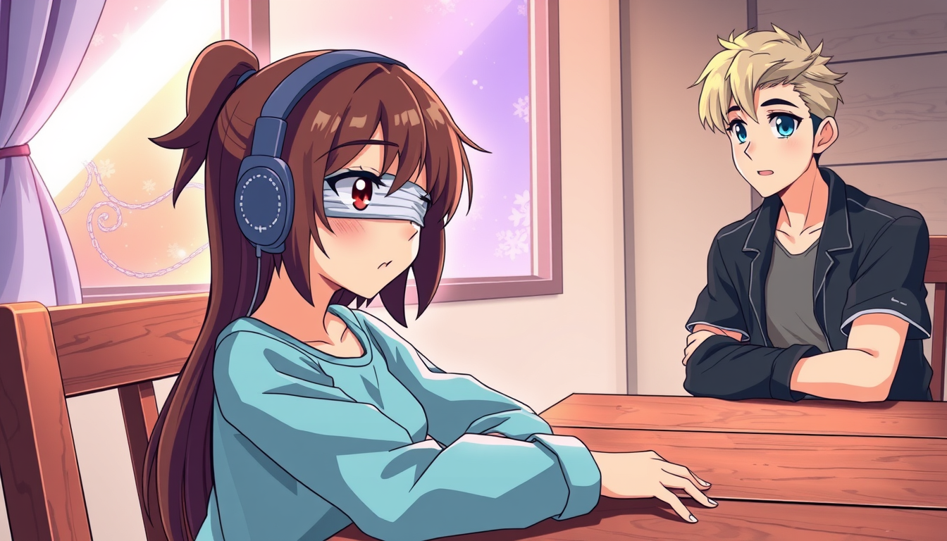 Anime idea created from the prompt: anime style, vibrant colors, expressive eyes, Having a younger sister strapped to wooden table whilst blind folded and noice canceling headp