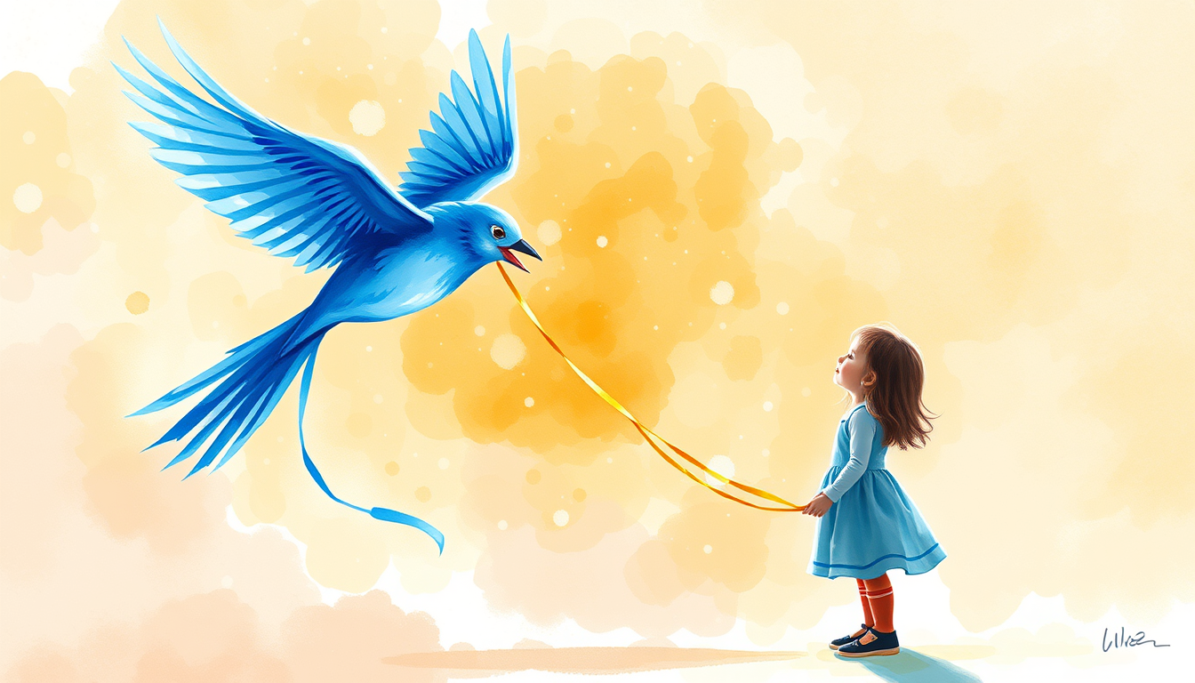 Main art studio: Magical transformation of the kite into a bright blue bird with feathers, mid-air, with dynamic brushstrokes and watercolor blending. The little girl 