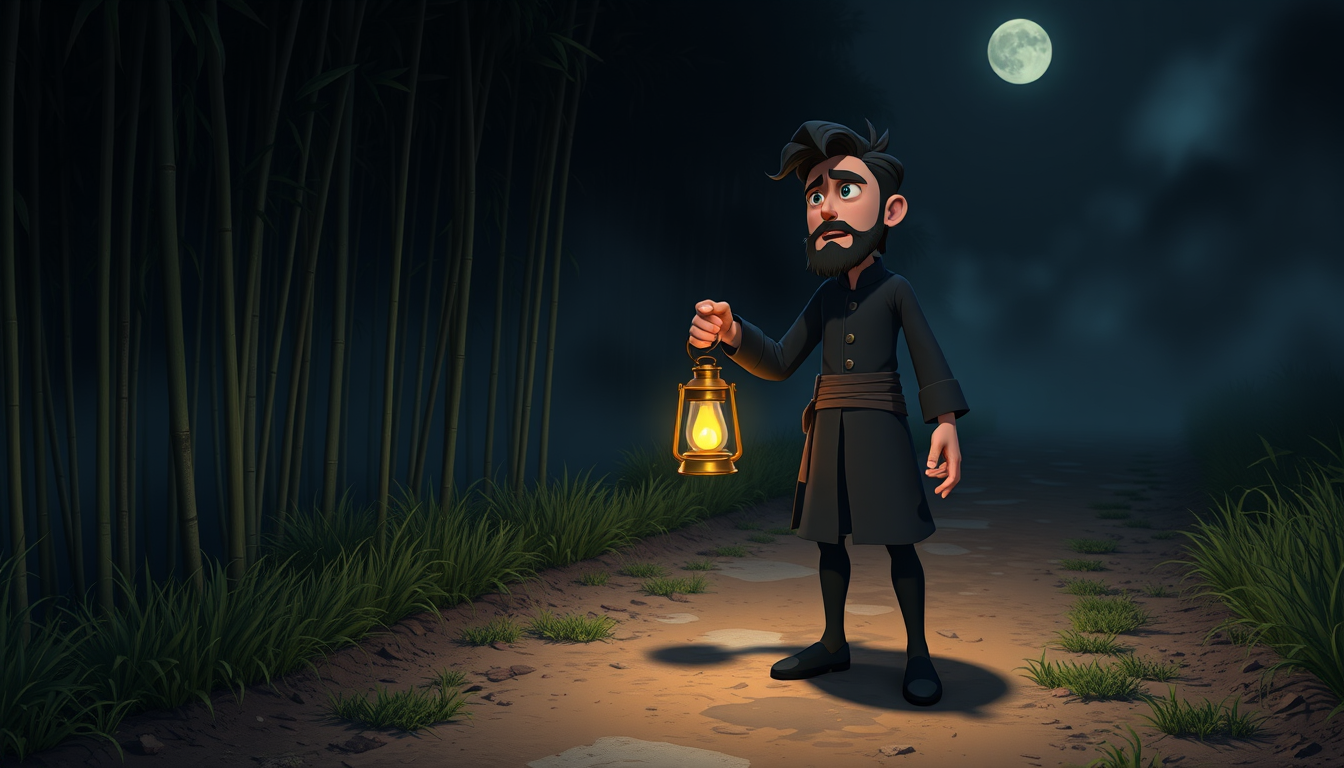 Main art studio: Same Rashed character as the reference image, same black hair, beard and dark navy outfit. Semi-realistic 3D cartoon horror scene. Rashed suddenly sto