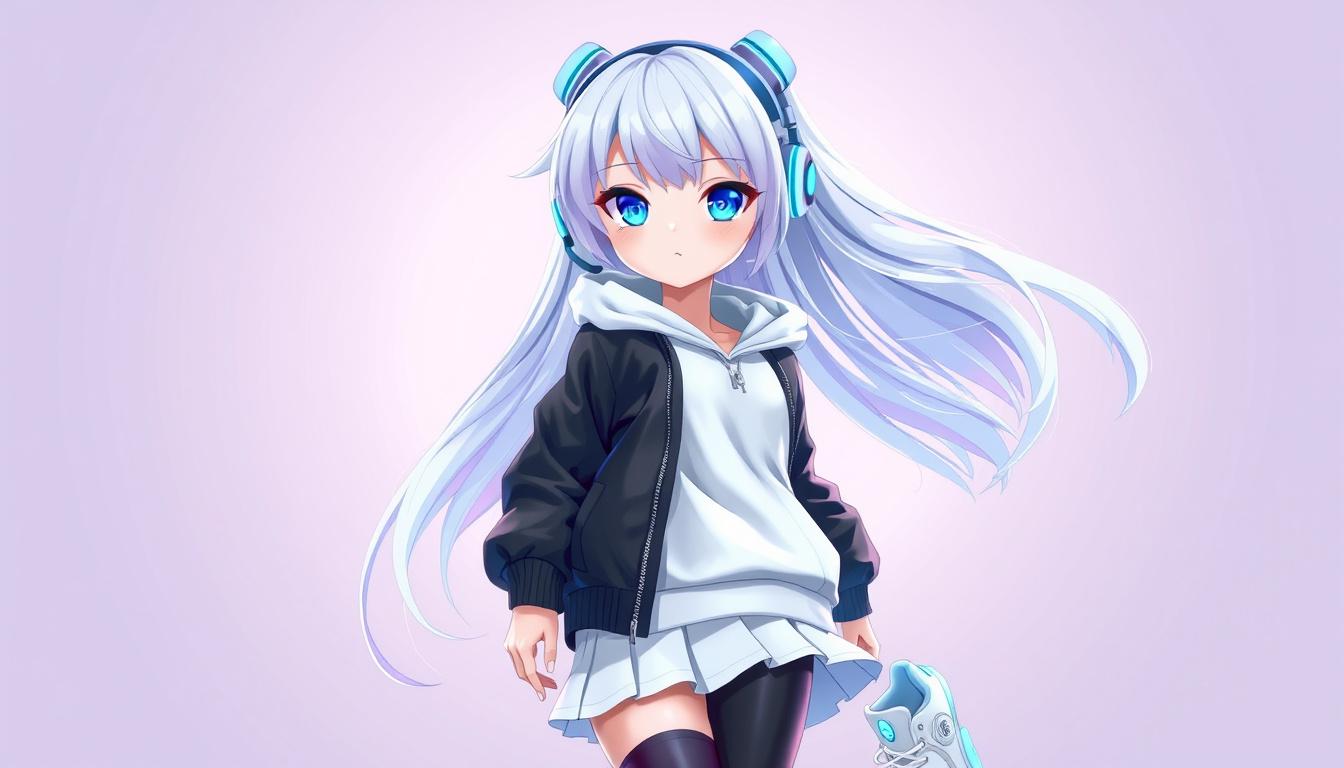 Main art studio: A stunning 3D anime girl with a youthful appearance, featuring long flowing pastel silver hair with subtle blue highlights, large expressive crystal-b