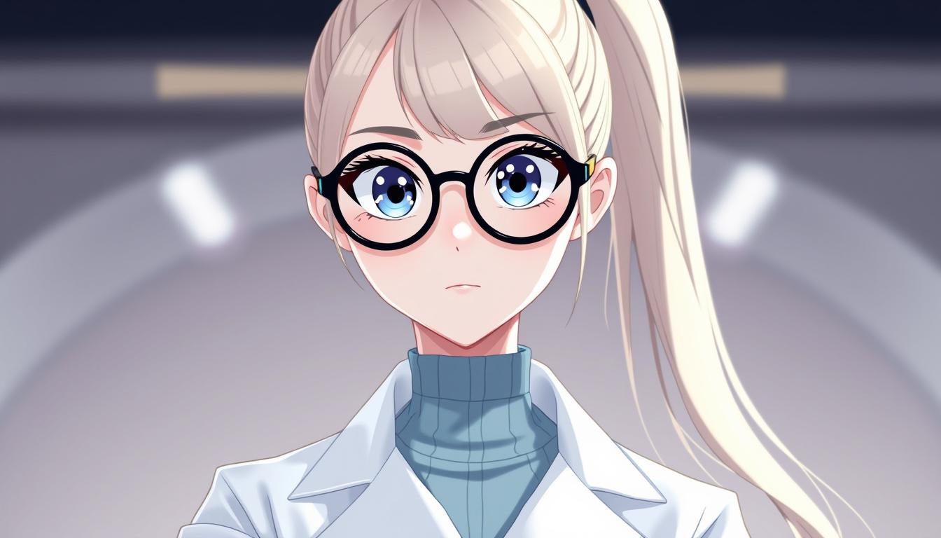 VTuber Avatar idea created from the prompt: vtuber avatar, anime style bust, expressive eyes, streaming overlay ready, i want character girl big eyes black glasses circle shape glasses