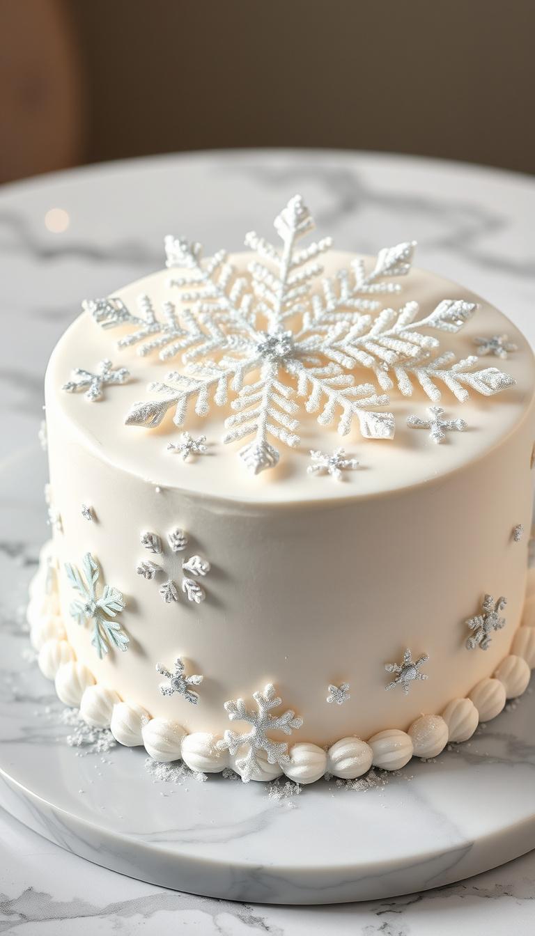 Main art studio: A stunning, ultra-realistic snowflake cake, elegant white winter wonderland theme, a beautiful round cake covered in smooth white frosting, decorated 