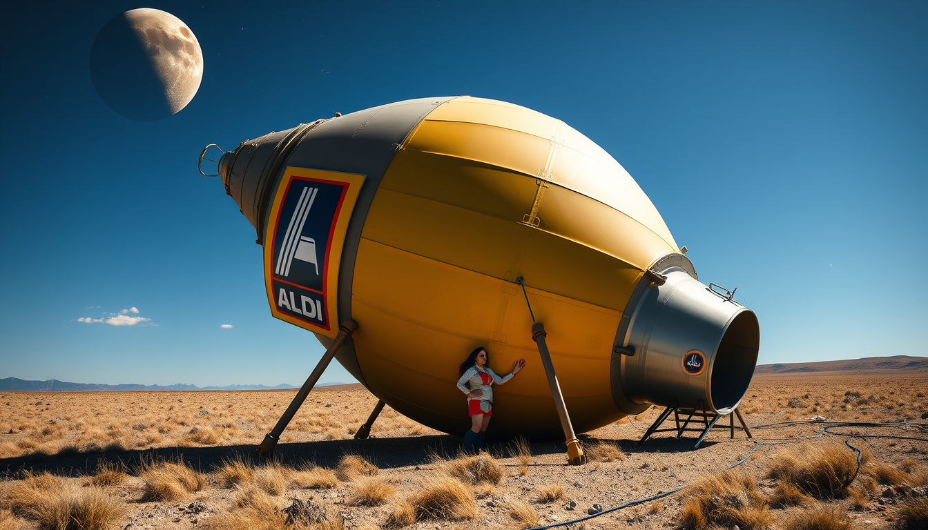Main art studio: erstelle eine Weltraumrakete mit dem ALDI Süd Original Logo und einer Frau die sich außen daran festhält. Die rakete ist auf dem Weg zum Mond. Die Fra