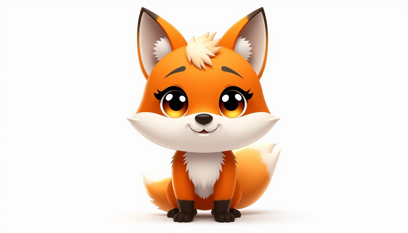 VTuber idea: vtuber avatar character, anime style, expressive face, streaming-ready design, cute chibi anthropomorphic orange fox, big shiny eyes, fluffy fur, whit