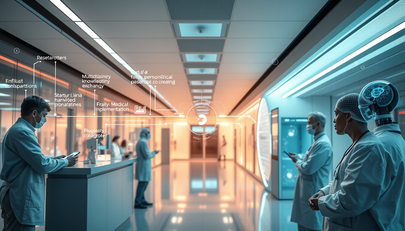AI Art prompt example created from the prompt: nspirational future healthcare ecosystem showing a seamless innovation journey. From left to right: researchers collaborating, multidiscipli