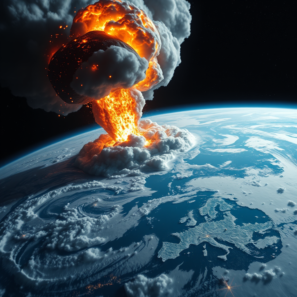 Main art studio: Cinematic view from low Earth orbit, 400 km above Earth. Asteroid Apophis 99942 crashes into the North Atlantic between Britain and North America. A c