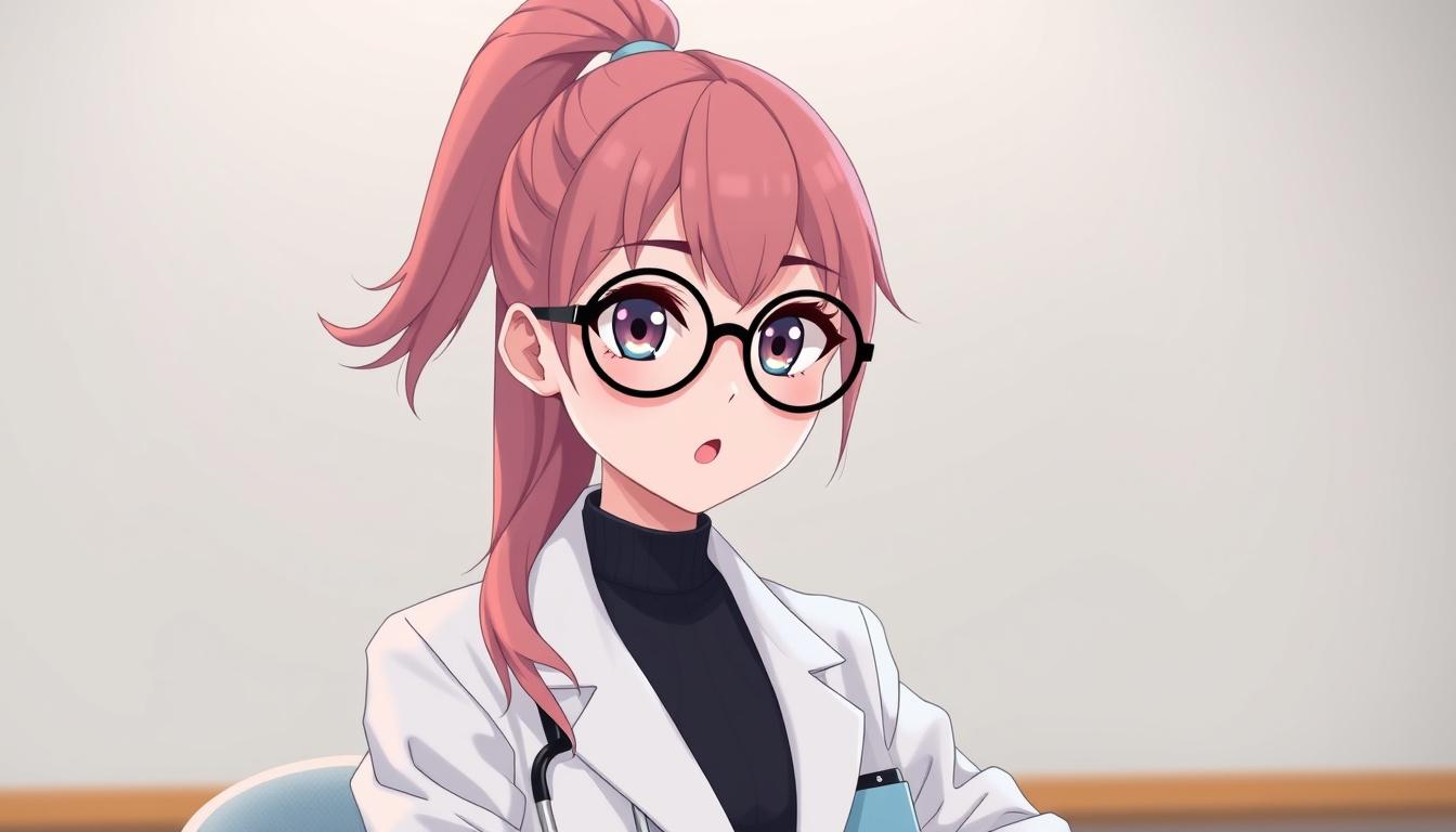VTuber Avatar idea created from the prompt: vtuber avatar, anime style bust, expressive eyes, streaming overlay ready, i want character girl big eyes black glasses circle shape glasses