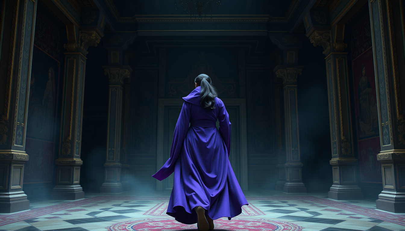 Main art studio: generate me a lady carrying purple robes in a palace but a tense, dramatic, gloomy attmosphere/semi realistic but should be able to tell its an artwor
