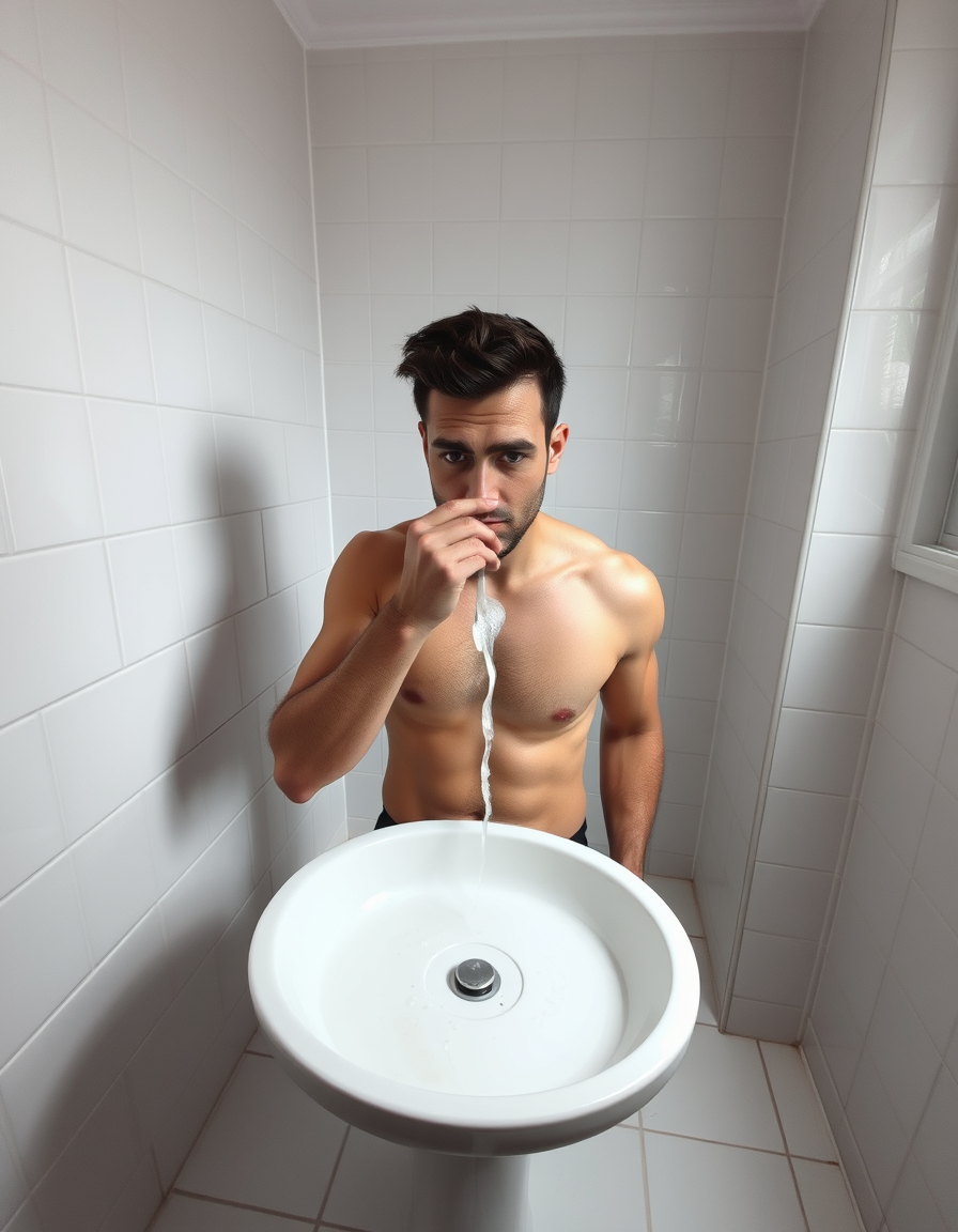 Main art studio: personagem foto nú, selfie de cima para baixo sem mostrar o rosto dele mostrando apenas o corpo enquanto toma banho em um banheiro branco o corpo dele